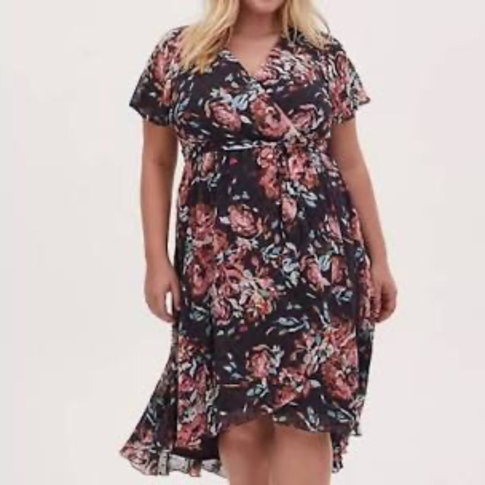 Torrid Floral Swiss Dot Chiffon Faux Wrap High Low Dress Sz 0/12 NO BELT‎